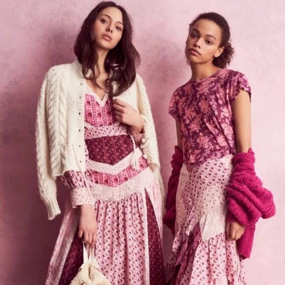 LoveShackFancy Silk Floral Lace Burgundy Leaves Ritchie Maxi Skirt NWT - Picture 10 of 17